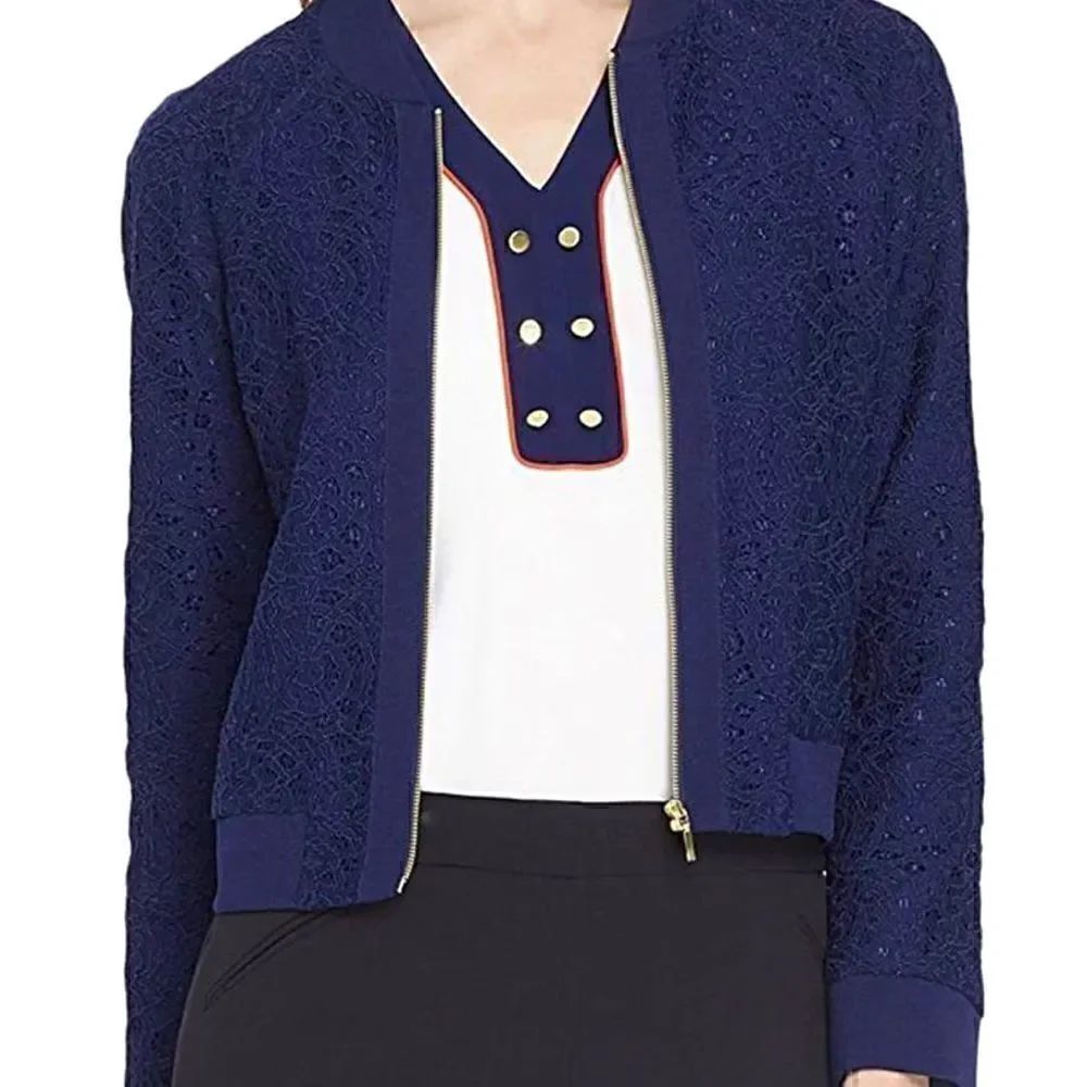 Tahari Arthur S Levine NWT 18 blue lace Bomber jacket gold zipper